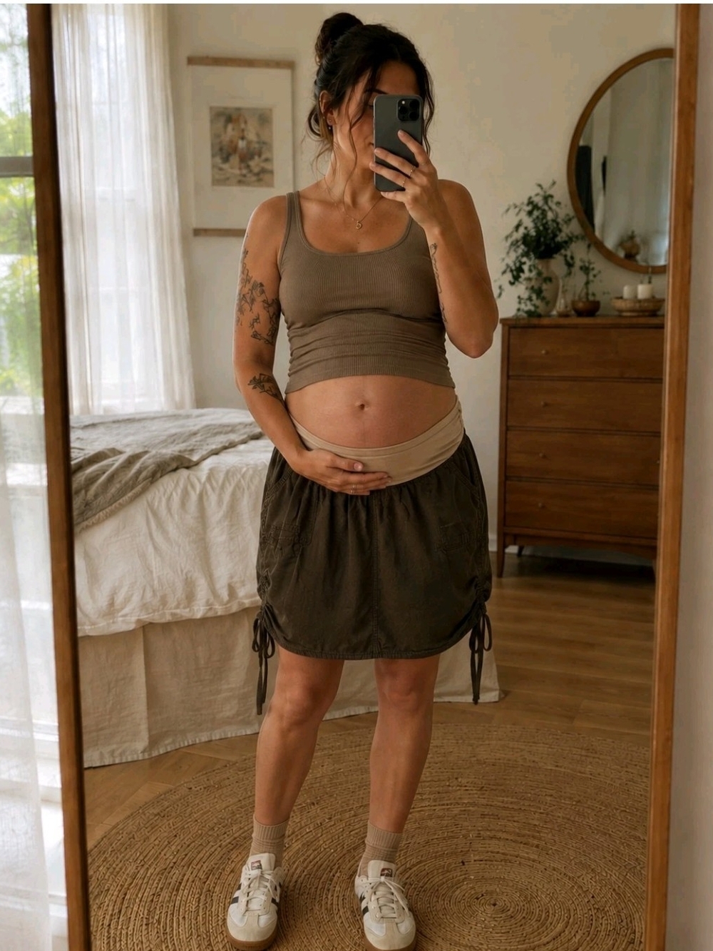 Motherhood Olive Green Drawstring Maternity Mini Skirt with Beige Waistband L